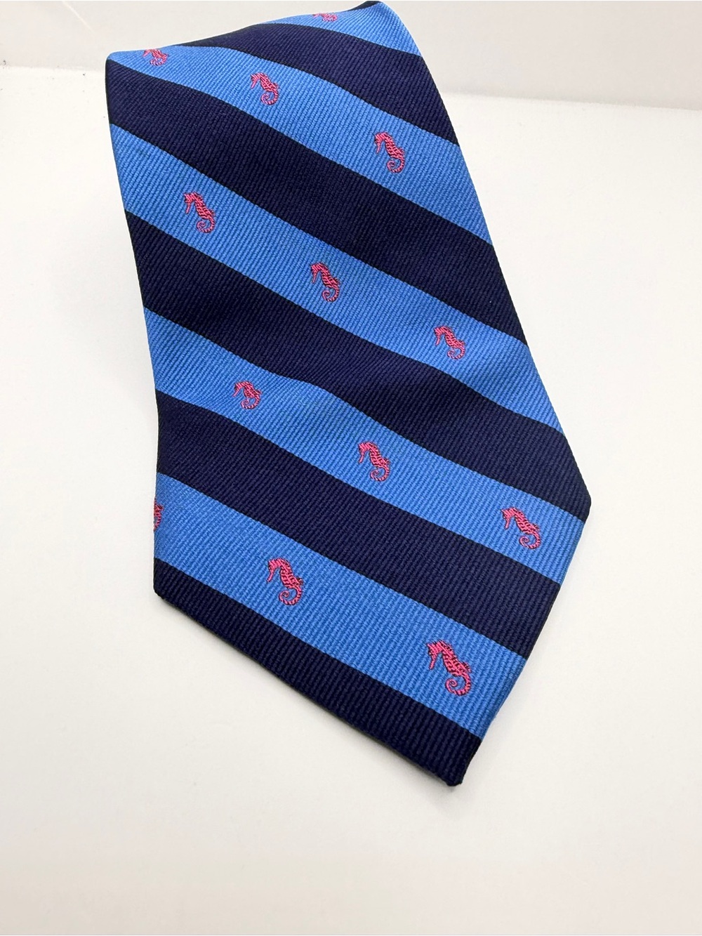 Ralph Lauren Navy & Blue Diagonal Stripe Silk Tie with Red Seahorses